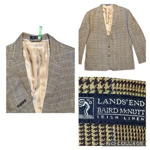 Lands End Sport Coat Mens 46R Tan Plaid Baird McNutt Linen Preppy Blazer Jacket‎
